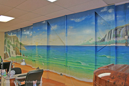 Seascape mural painting on uneven walls with matching color harmonies of orannge, red, browns and cool color transition of blue, torqouise and greens by Richard Ancheta - Montreal.